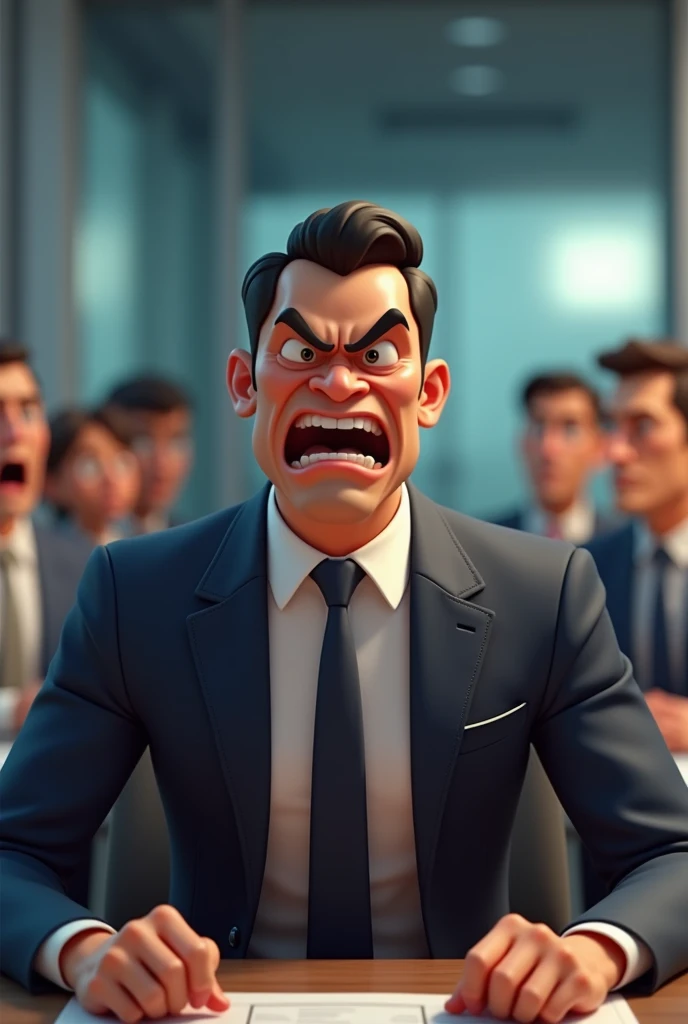 Cartoons are coming 3D, a Malay man is angry in a meeting , realistic professional photography 
