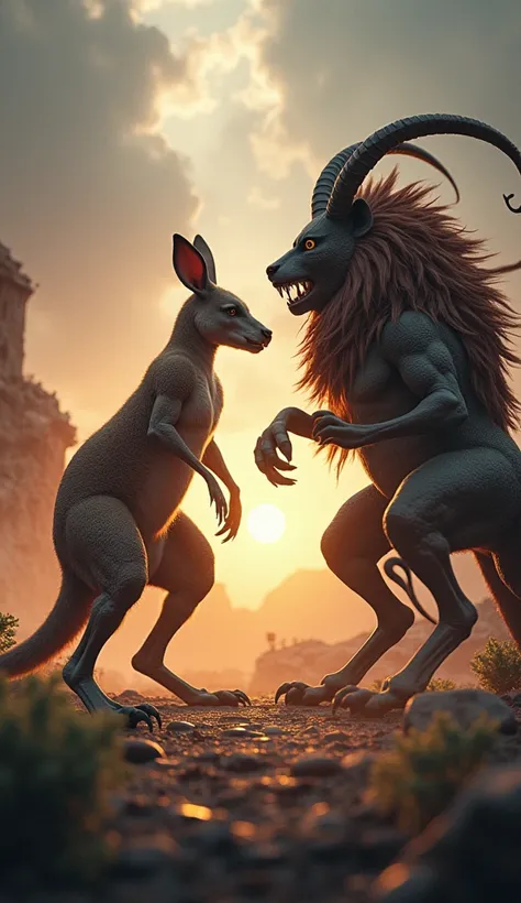 Create a highly detailed, hyper-realistic 3D image of a kangaroo and a Chimera facing each other in an epic confrontation. The kangaroo should be muscular, with its powerful legs tensed and ready to strike. The Chimera should be depicted with its lion’s he...