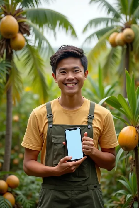 A young Vietnamese farmer with a smiling face is holding his phone in the middle of a beautiful coconut garden full of fruit, next to a professional website screen.