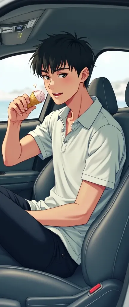 anime guy wearing white polo long sleeve shirt and black pants, eating an ice cream while driving a car