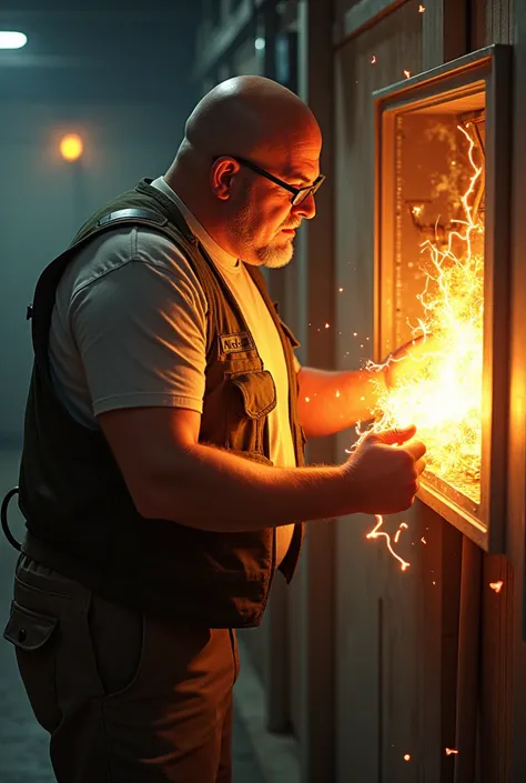 overweight, bald man with glasses dressed in work trousers, t-shirt and vest is working near an exploding electrical panel