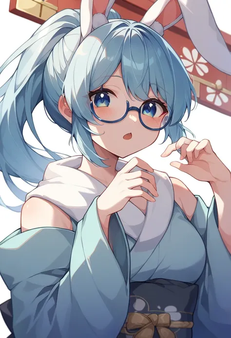 hoodie、Moe sleeves、Shrine maiden、Long-sleeved kimono、ponytail、Light blue hair、Blue Eyes、Blue Glasses、Rabbit Ears、vtuber、Guru、cute、Moe sleeves