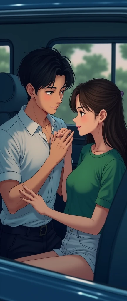 anime guy with white shirt and black pants touching a girl with green shirt and white shorts in a car