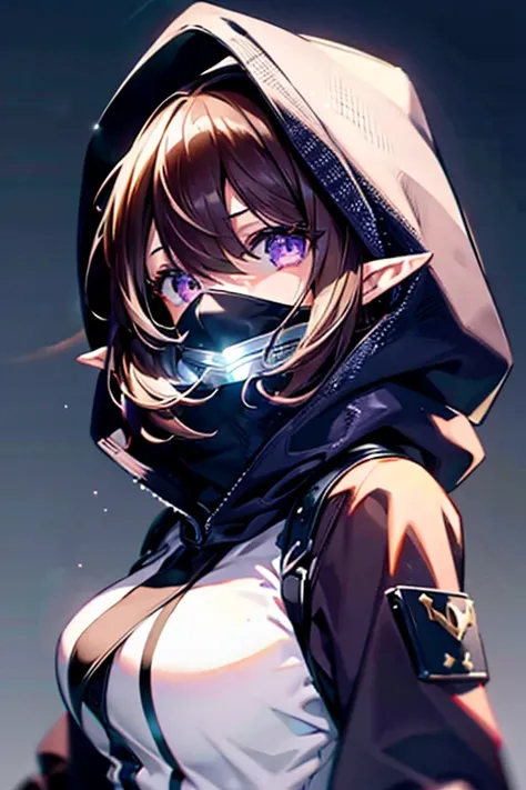 One girl, High resolution, Bangs between the eyes, Short, Purple eyes, Pointy Ears, Put on the hood,  Brown Hair, Large Breasts, anime, Best Quality, Simple Background, Beautiful eyes, cool