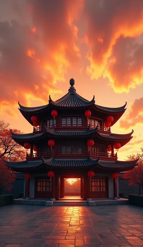 **Traditional Chinese Tulou with a Dramatic Sky** This captivating image features a traditional Chinese tulou, an ancient earth building. The structure is circular with six stories, adorned with red lanterns and intricately designed wooden railings. The co...