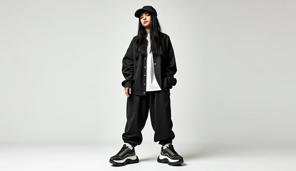 a full body picture of a a woman, wearing oversize shirt, oversize pans, hip hop style, long black shinny straight hair, baseball hat, sneaker with 25cm sole