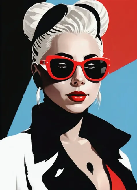 blond woman with red sunglasses and a black and white jacket, portrait of lady gaga, lady gaga as harley quinn, lady gaga is harley quinn, lady gaga as harley queen, lady gaga artpop act ii, lady gaga, lady gaga artpop act ii album, lady gaga as president,...