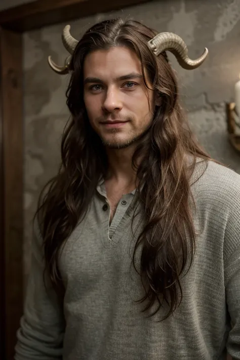 Long hair two horns nordic god, wearing dark amour Tall 1.85 metres, English Male, 3, muscular, thin, unshaved stubble beard, olive skin, tanned, handsome green eyes, deep sight, wavy long hair,  classy dressed casual badass, smiling,   in a romantic nordi...