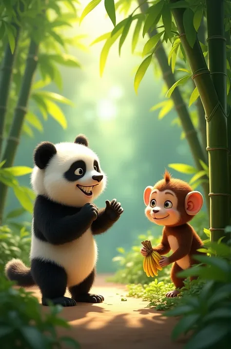 Ping the Panda, with his round face and expressive eyes, grins mischievously as he watches Minky the Monkey playing nearby. Ping sneaks up quietly while Minky is distracted. He grabs Minkys bunch of bananas and hides them behind a thick cluster of bamboo. ...