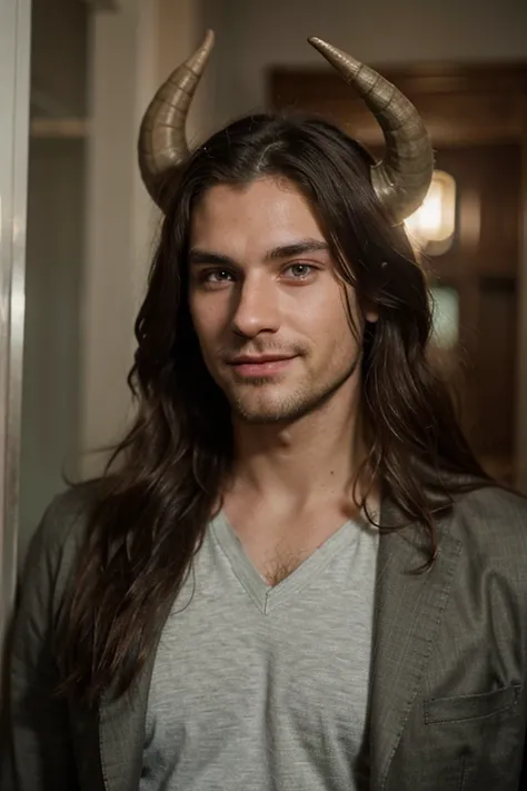 Long hair two horns nordic god, wearing dark amour Tall 1.85 metres, English Male, 3, muscular, thin, unshaved stubble beard, olive skin, tanned, handsome green eyes, deep sight, wavy long hair,  classy dressed casual badass, smiling,   in a romantic nordi...