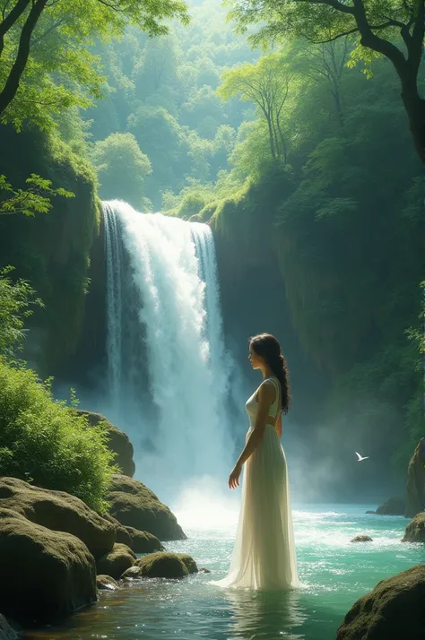 Simple white dress girl dipping her finger in waterfalls at forest
