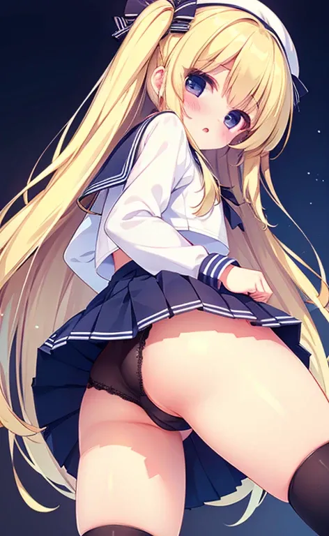 Beautiful long blonde　Girl in sailor suit　Navy blue mini skirt　Pleated skirt　Black Panties　　look down　Shooting from below　whole body　