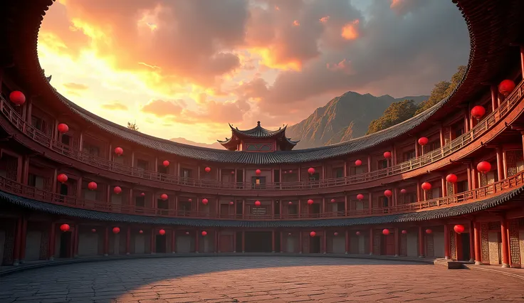 **Traditional Chinese Tulou with a Dramatic Sky** This captivating image features a traditional Chinese tulou, an ancient earth building. The structure is circular with so much stories, adorned with red lanterns and intricately designed wooden railings. Th...