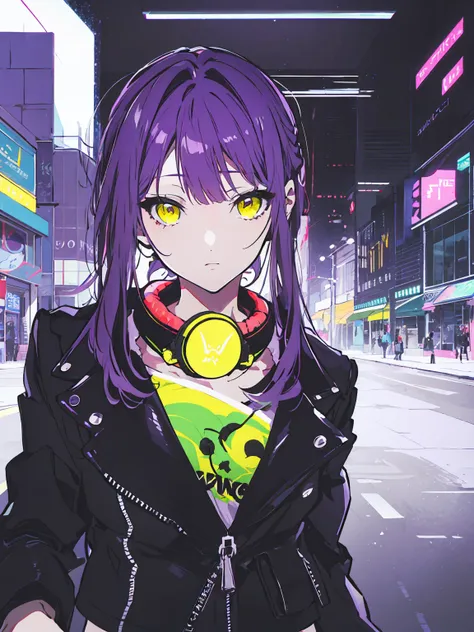 Single girl, purple hair, long hair, yellow eyes, kind eyes, black leather jacket, headphones, purple neon city, cold breath