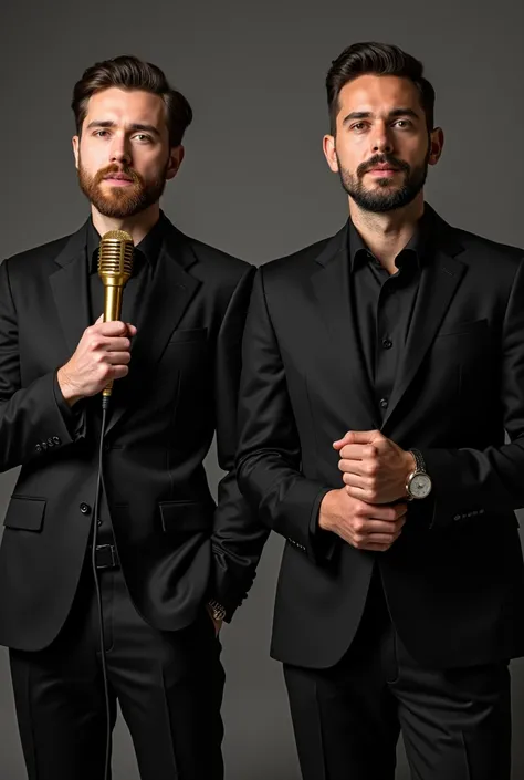 In hyper-realistic photo format, two men both looking straight ahead in an elegant casual black suit, one of them holding a golden microphone in one hand, speaking into the microphone, and the other man handling a DMX controller in transparent PNG format