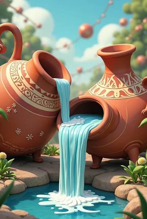 big pottery model with water flowing in other pottery . cartoon.