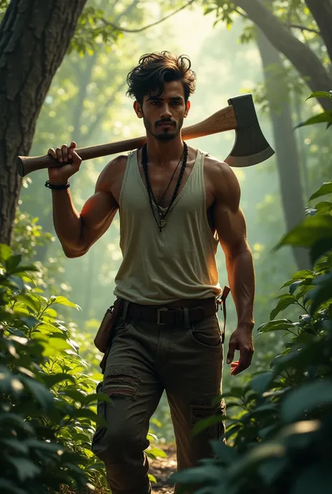 A 20-year-old handsome Indian boy stands in a dense forest, wearing a torn shirt and old, tattered pants. His muscular frame is evident as he carries an axe casually over his shoulder, holding it firmly in one hand. A cigarette dangles from his lips, and h...