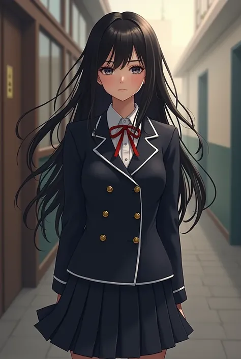 A petite, long-haired, black-haired woman wearing a school uniform..end