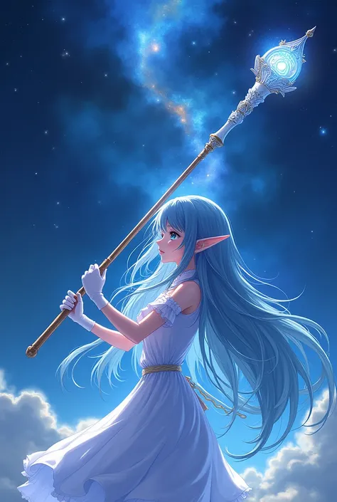 Night sky，Blue long hair elf anime girl，White Gloves，Giant magic wand