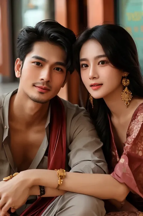 Thai couple+beautiful face+Handsome man without beard, beautiful woman+Sit on a bench+In front of the department store+Look at the camera.+Highest quality photos