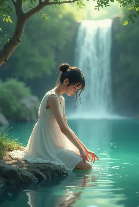 Simple white dress girl sitting edge of water and touching water by her finger in waterfalls at forest
