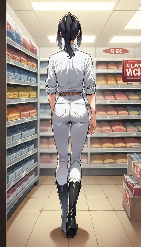 ,White pants,Black thigh-high boots,Tuck your pants into your boots,Long sleeve,White shirt with rolled up sleeves,Shirt tucked in,Slender and sexy woman,Black Hair,ponytail,recording,Place your hands behind your back,Standing,Convenience store