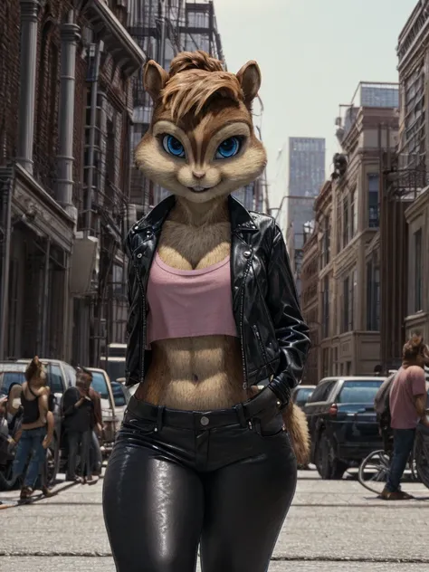 score_9, score_8_up, score_7, score_6, New York, City, Brooklyn, streets, brittany miller, chipmunk, furry, toned thighs and legs, toned body, short ears, blue eyes, light pink shirt, black leather jacket, leather pants, standing, looking at viewer, 6 inch...