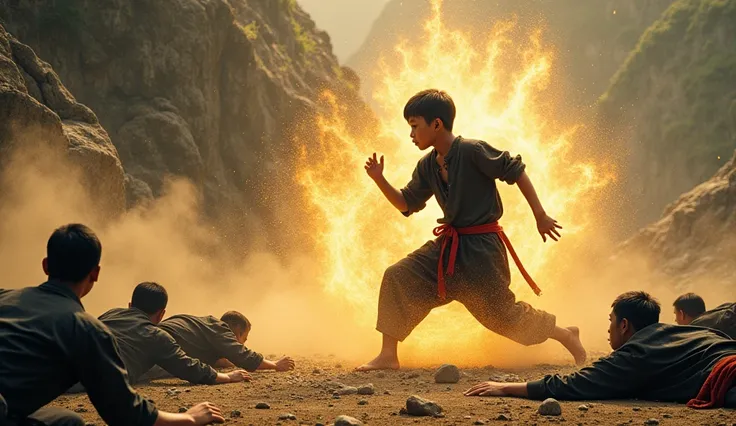 In a moment of intense action, a poor hmong boy name "Tou" wearing old be torn blacked shirt, trouser and red cotton belt, barefoot, using footh magic golden flash frame stepping the ground ,  dust and stone splitted out, leave blow out, four hmong dress h...