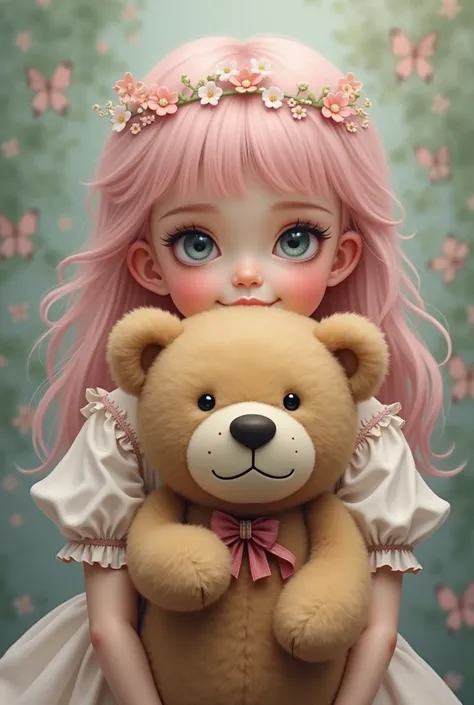 Girl with light pink hair holding a teddy bear in front of her face.