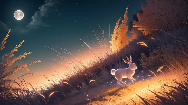 Autumn moonlit night scenery in a field of silver grass　Moon viewing　The rabbit is jumping