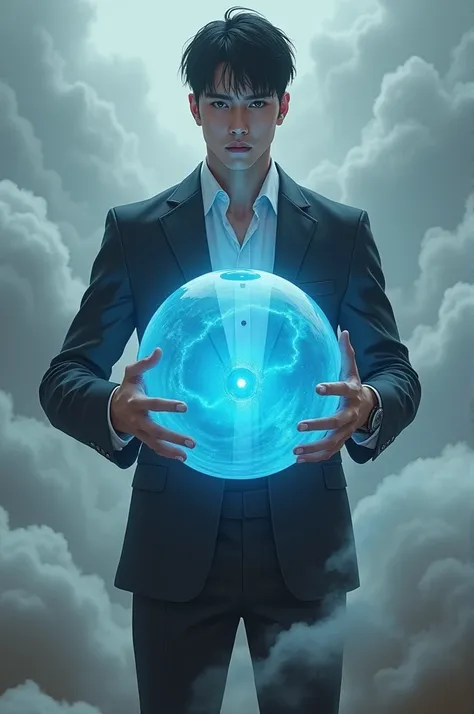 Medium build male with short black hair wearing black suit with white shirt and black pants with giant bluish glowing sphere and windy background 