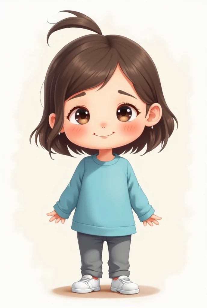 The painting depicts a gentle girl, wearing a blue shirt, gray pants, and white shoes in a chibi drawing style