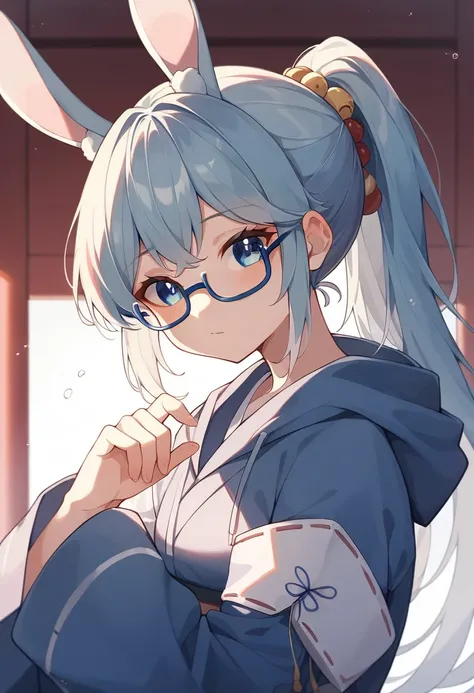 hoodie、Moe sleeves、Shrine maiden、Long-sleeved kimono、ponytail、Light blue hair、Blue Eyes、Blue Glasses、Rabbit Ears、vtuber、Guru、cute、Moe sleeves、adorable long sleeves that cover the hands、Hide your hands