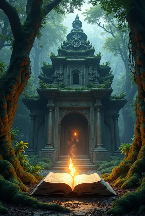 Inside a dense forest is an old temple with an old book and a fire burning in front of it ratio 19:6