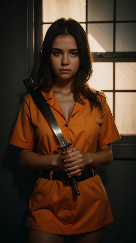 photorealistic portrait of a cute 25 yo girl in an orange prison uniform, holding a sword, dramatic moody lighting, instagram style photo grain, highly detailed, cinematic composition, realistic textures, dramatic shadows