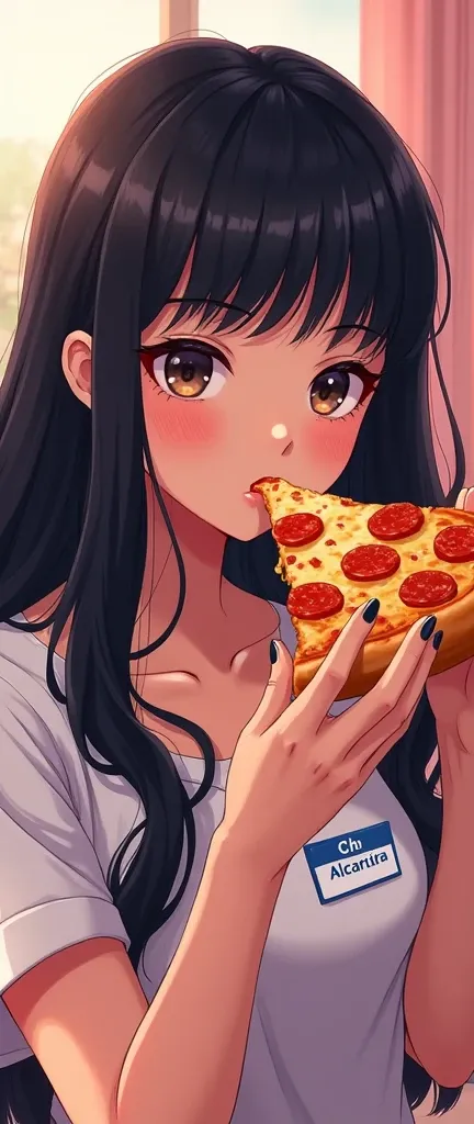 anime lady with black hair with nametag saying "CHEN ALCANTARA" eating pizza