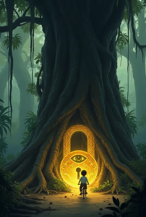 The boy stops his bicycle and stands near a massive, old tree. His curious eyes are wide as he spots a glowing, golden lock hanging from one of the trees roots. The lock has a strange, carved eye on it, which seems to move slightly. The boy kneels down, ex...