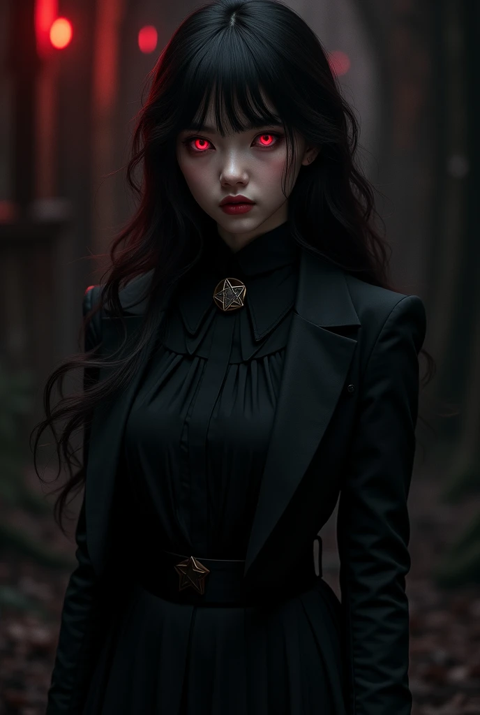 Girl with red eyes in the dark with black hair and a young face, her clothes would be a black jacket with a star-shaped button on the collar and a black skirt.