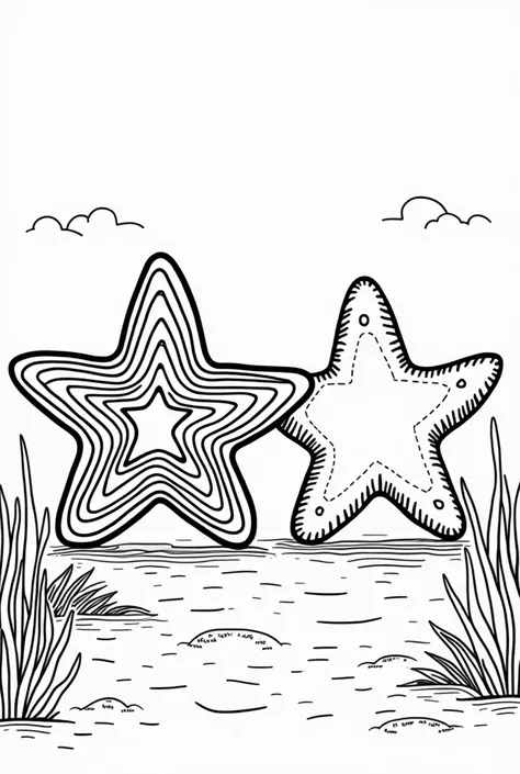 Create a landscape artwork featuring two starfish side by side. Both starfish should have thick, bold outer lines (approximately 5 pixels thick). The starfish on the left should feature a simple maze design inside it, suitable for children aged 4 to  to tr...