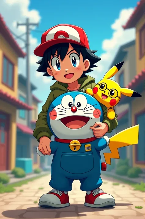 Show Ash and Pikachu from Pokemon as Nobita and Doreamon from Doreamon cartoon 