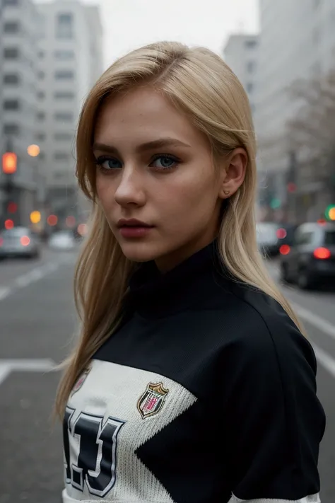 a beautiful blonde girl wearing a football shirt, standing in a city street, detailed face, detailed eyes, detailed lips, detailed facial features, intricate fabric details on sweater, atmospheric cityscape, moody lighting, cinematic composition, vibrant c...