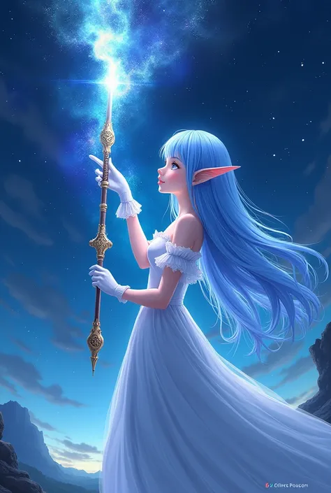 Night sky，Blue long hair elf anime girl，White Gloves，Giant magic wand