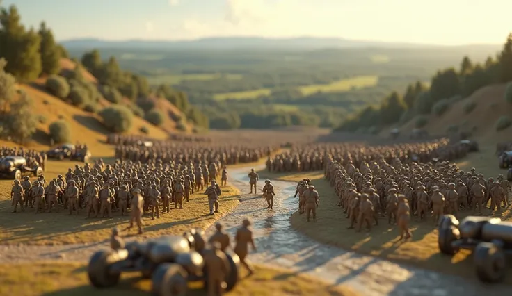 Super realistic illustration, Detailed Fantasy art, Cinema 4D rendering, Miniature photography, Clay animation, Miniature on a table, Huge diorama, Battle of Waterloo. High angle shot. super wide shot. simple background