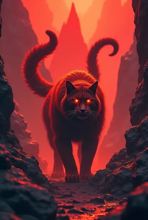 Red mountain cat, 3 tails, hairy, ready to fight, red light around 