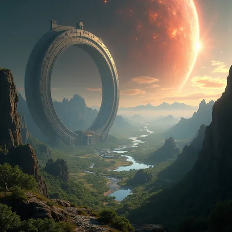 A hyperrealistic, cinematic depiction of a Ringworld, a massive artificial ring orbiting a red giant star, with lush vegetation, towering mountains, and vast oceans. The surface is crisscrossed by massive support structures and ancient ruins. Dramatic ligh...