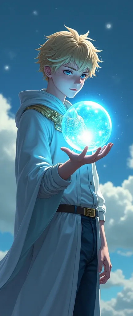 A full-length character. He holds a magic ball in one hand. She looks at him. A large magic ball turned to the viewer, anatomy, correct anatomy, 8k. 4k, high quality, best quality, a guy with blond hair and blue eyes, the hero looks at him thoughtfully. He...