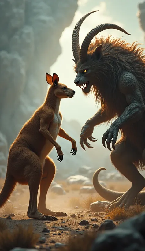 Create a highly detailed, hyper-realistic 3D image of a kangaroo and a Chimera facing each other in an epic confrontation. The kangaroo should be muscular, with its powerful legs tensed and ready to strike. The Chimera should be depicted with its lion’s he...