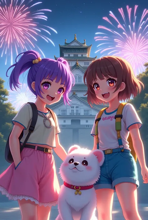 A girl with purple twintails and a girl with medium-long brown hair　Next to me is a cute white Samuelo dog.　The background is Osaka Castle　Looking up at the fireworks