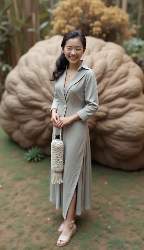 A young sophisticated Asian woman holding a macrame water bottle holder in the botanical garden on the way back home happily 