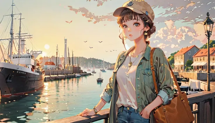 (((paper cutting style))), 1 girl, short brown curry hair, cap, shirts and denim, portfolio, harbor and ship